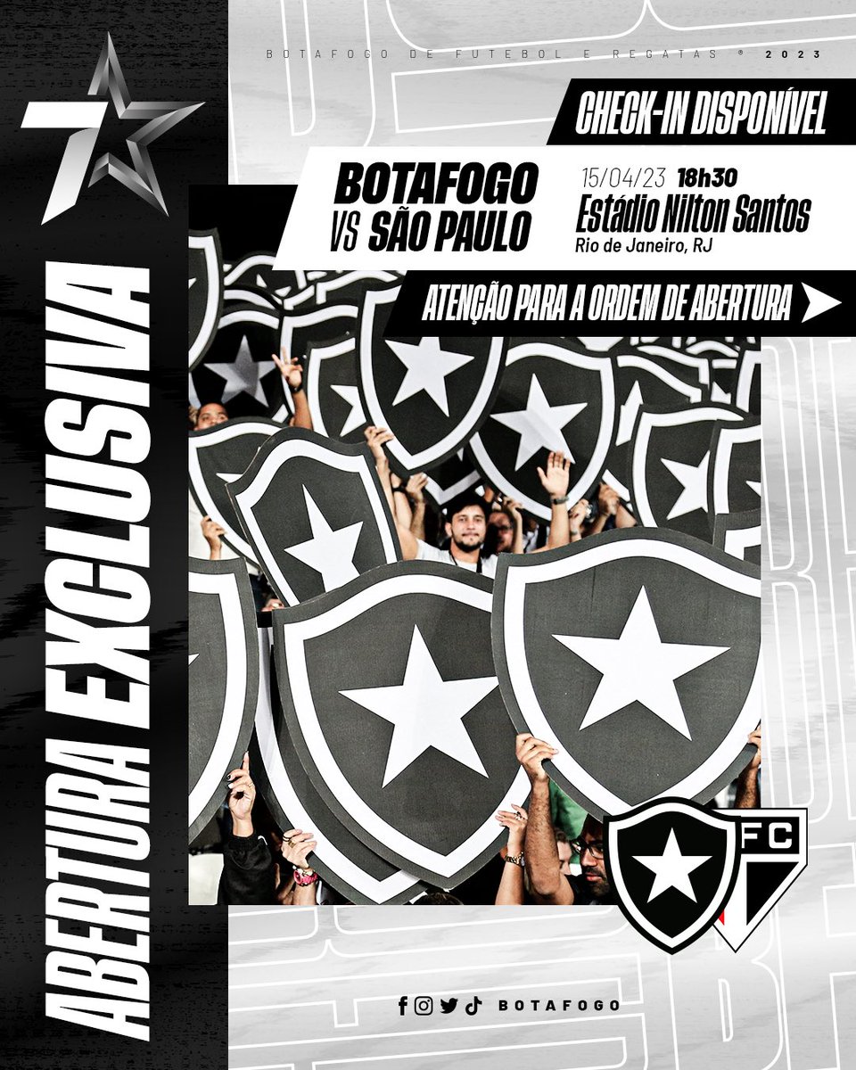 Botafogo's tweet photo. ESTREIA DO GLORIOSO NO BRASILEIRÃO! 🔥🏟

Sócio @Camisa7Botafogo pode garantir lugar em Botafogo x São Paulo a partir desta segunda-feira. Confira a ordem de abertura! ⚽️➡️

✅ Check-in já disponível para sócios do Plano Glorioso.

🎫 https://t.co/VmMNMgR0SQ https://t.co/YDmD7fpKz8