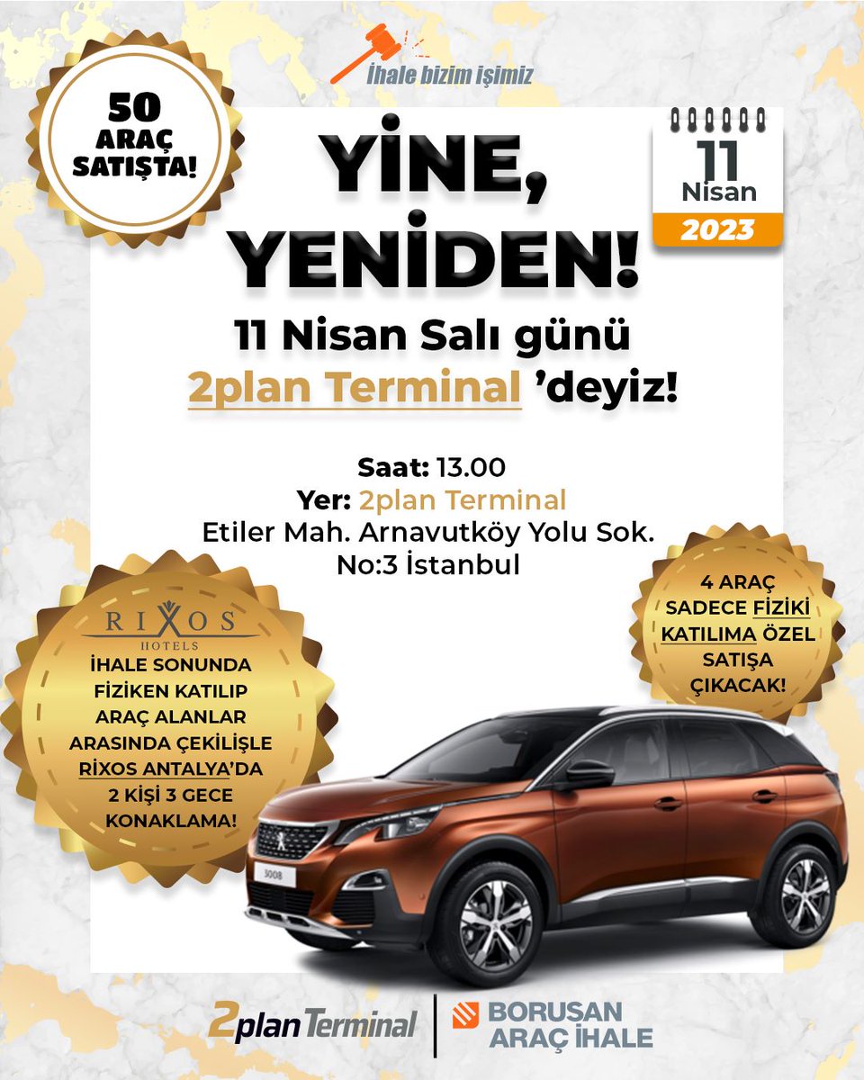 2plantr's tweet image. Yine, Yeniden!
11 Nisan Salı günü 2plan Terminal'deyiz!
2plan ve Borusan Araç İhale iş birliği ile düzenlediğimiz yeni ihalemize bekliyoruz.

Tarih: 11 Nisan 2023
Saat: 13:00
2plan Terminal - Etiler Mah. Arnavutköy Yolu Sk. No:3 İstanbul

#2plan #2planTerminal #borusanaraçi̇hale