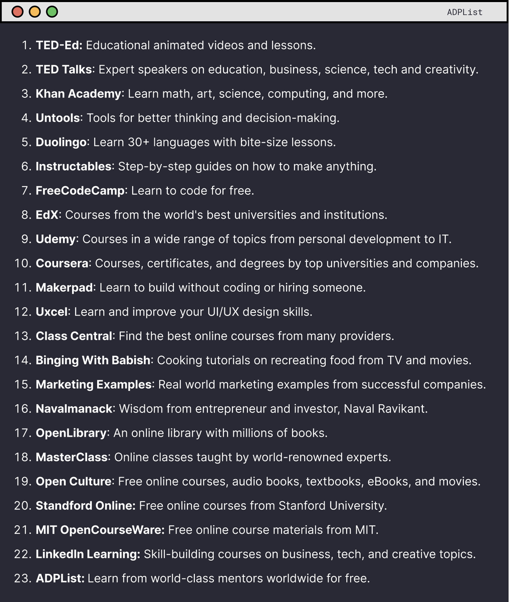 The internet is a free university 🤯. 23 websites to accelerate your learning: