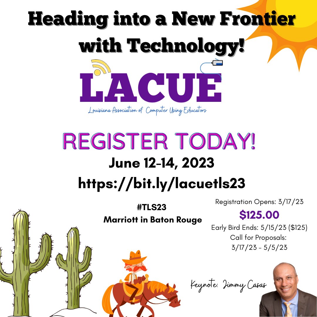 lacueorg's tweet photo. Register for #TLS23 today!   Early Bird Ends on 5/15/23:  $125.00
Registration Link:  https://t.co/1Vad9qm7LV
Submit a Presentation: https://t.co/izC1HVX9EP 
Our keynote speakers is the awesome, @casas_jimmy! https://t.co/S7vUFzzfJB