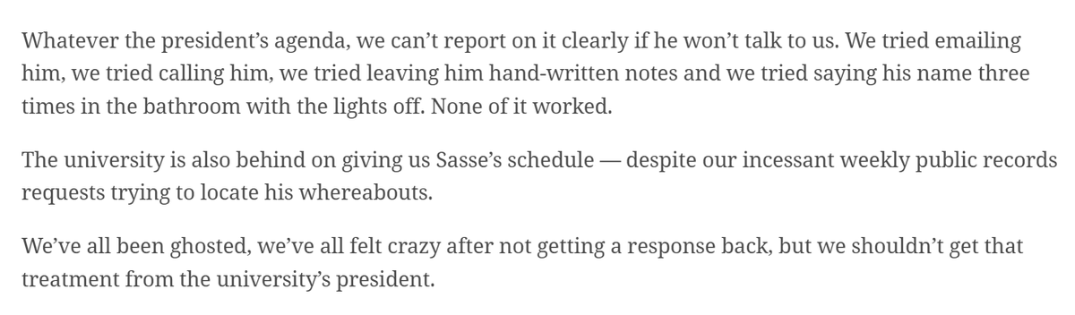 tbridis's tweet photo. Newsrooms increasingly must find ways to accurately, credibly cover political leaders who won't engage directly with reporters: Student newspaper @TheAlligator says University of Florida's new president @BenSasse is ghosting its journalists  https://t.co/wfuNmy4EKd https://t.co/E3GFLd9nZD