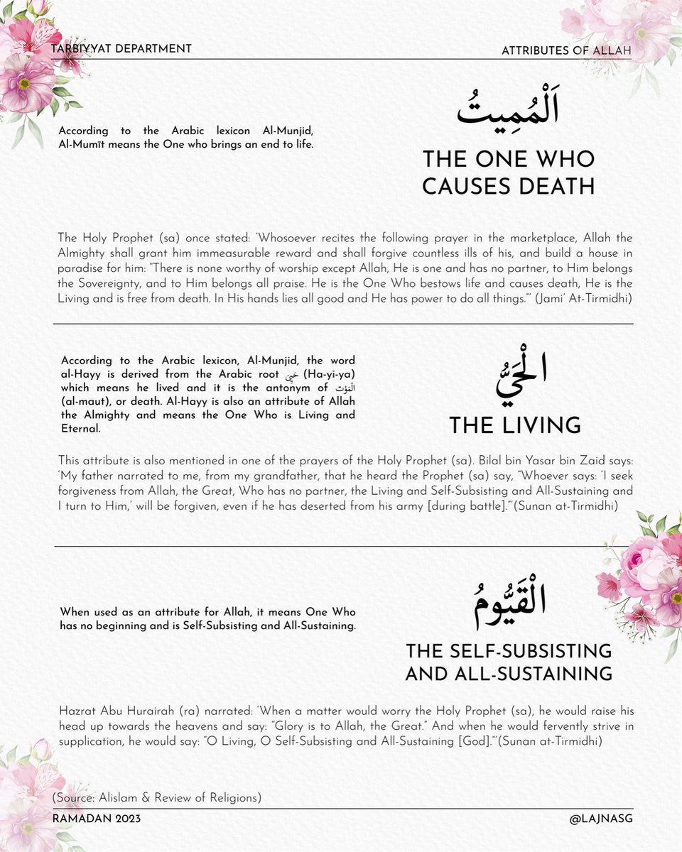 LajnaSG's tweet image. 19/30 Ramadan Series on Attributes of Allah 

The One Who Causes Death 
The Living
The Self-Subsisting and All-Sustaining

#AttributesofAllah #Allah #Islam