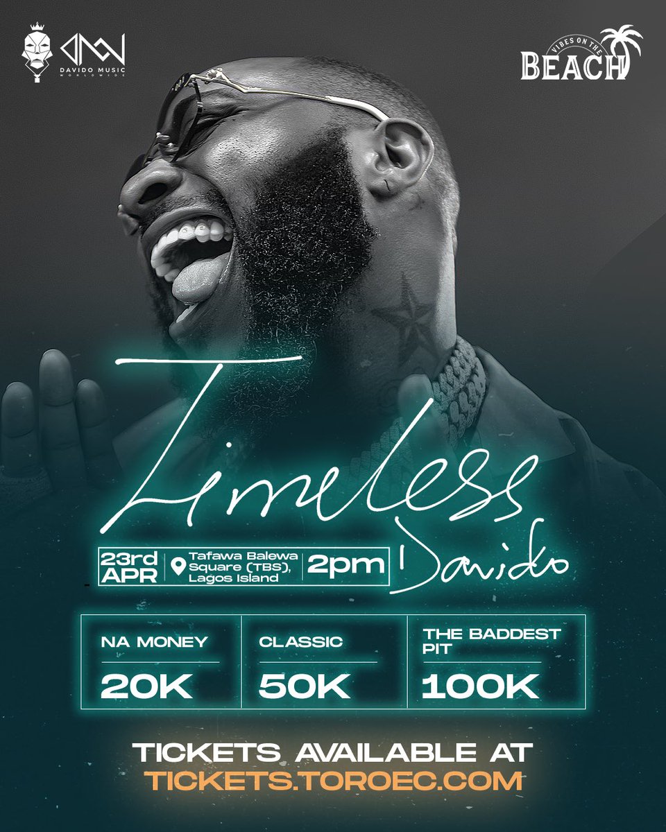 davido's tweet image. Lagos State, The first Timeless experience brought to you by Yours truly OBO is approaching April 23rd. 

Cop Your tickets and deliver your polling units. I look forward to seeing everybody!! Let’s Go!!

Tickets.toroec.com