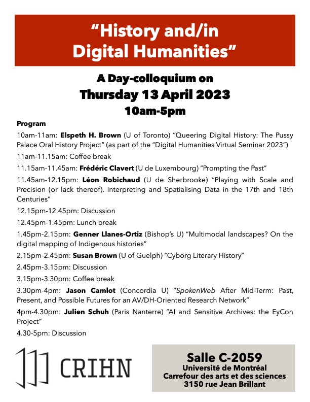 ✨This Thursday at 10AM, Professor <a href="/ElspethHBrown/">Elspeth H. Brown</a> will deliver a talk on "Digital History: The Pussy Palace Oral History Project" — part of <a href="/crihunum/">CRIHN</a>'s Day Colloquium on "History and/in #DigitalHumanities." 

Check out the speaker lineup and schedule at bit.ly/3zM8d2k.
