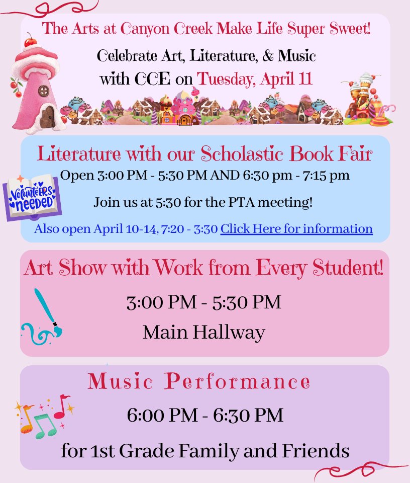 Celebrate the Arts night at CCE with Literature (book fair), All-Student Art Show, and 1st grade friends and family performance! #rrisd1family #librariesRrock @CanyonCreekElem
