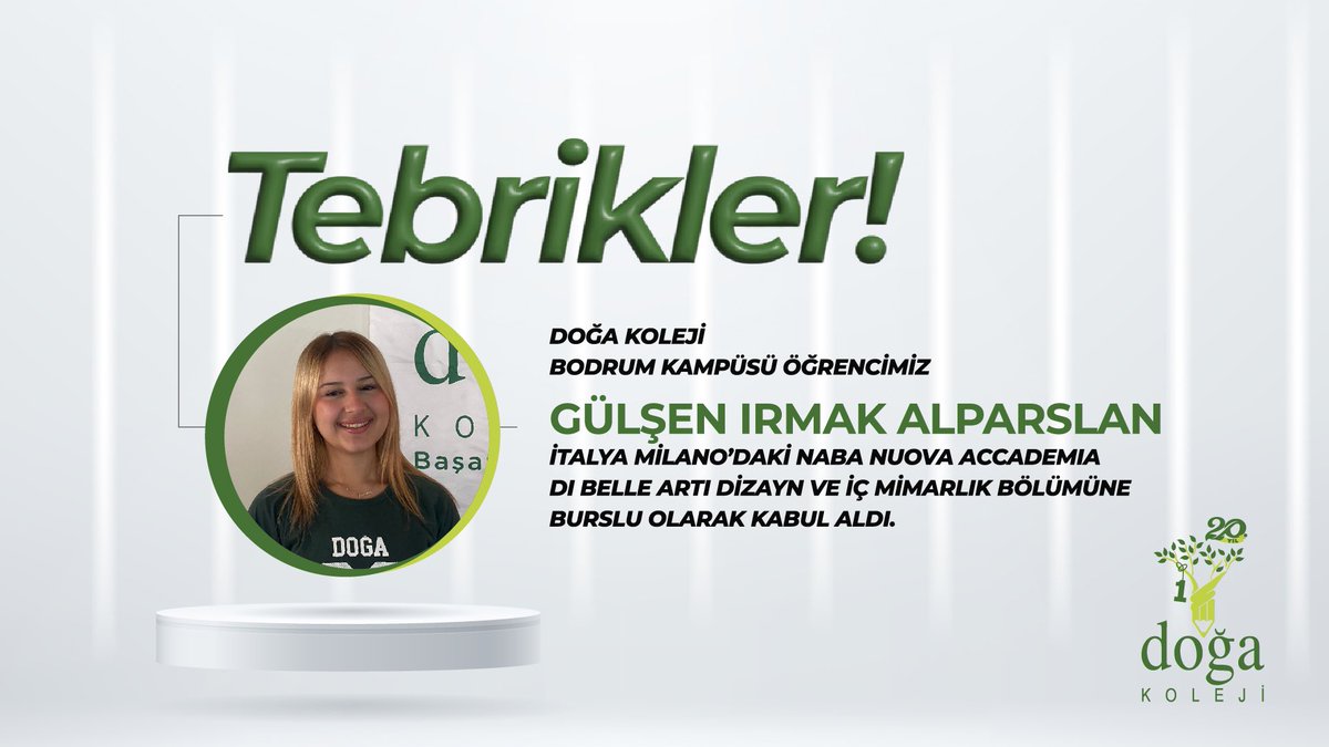 Bodrum Kampüsü öğrencimiz Gülşen Irmak Alparslan, önemli bir başarıya imza atarak bizleri gururlandırdı. İtalya Milano'daki NABA Nuova Accademia di Belle Arti Dizayn ve İç Mimarlık Bölümüne burslu olarak kabul alan öğrencimizi tebrik eder, başarılarının devamını dileriz.