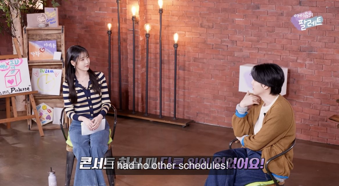 #SUGA: ว่าแต่คอนเสิร์ตทำไมไม่เชิญผมเลยล่ะครับ? อย่างน้อยๆ ก็น่าจะลองเชิญกันซี้
IU: อ่า เพราะว่า eight เป็นเพลงเปิดด้วยค่ะ… แล้วคือถ้าจะเชิญเกสท์มาเพื่อร้องท่อนนิดเดียวก็เกรงใจด้วย🥺
#SUGA: พูดตามตรง ช่วงคอนเสิร์ตน่ะผมไม่มีตารางงานเลยด้วย

SUGA ON IU’s PALETTE 
#SUGA #AgustD