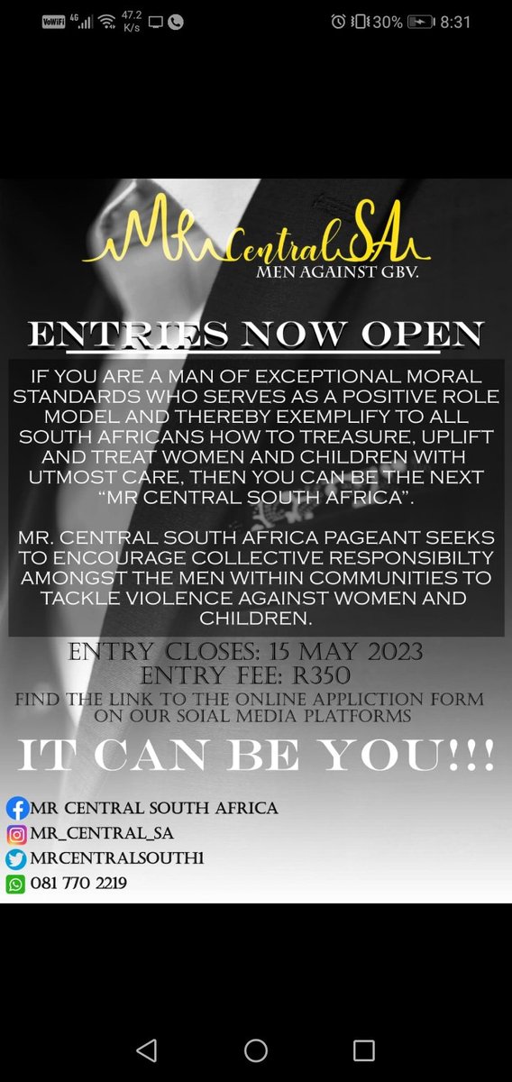 Are you a man of exceptional moral standard who is willing to serve as a positive role model and thereby exemplify to all South Africans how to treasure, uplift &amp; treat women &amp; children with the utmost of care?

Online Application Form 👇
forms.gle/QmRDSyKTGEuBMT…