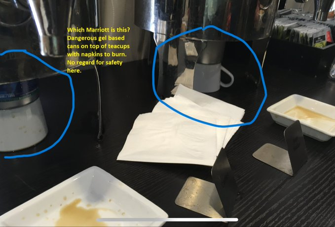 waves_miami's tweet photo. @Marriott @MarriottBonvoy @sheratonhotels Safety clearly lacking @MarriottIntl . Hope staff are using safety gloves &amp; glasses as required by #sds  Shows lack of care for customers and staff #safety  with #toxic  burners on top of teacups. Nuts. @OSHAReporter copy of @psalton2 msg https://t.co/953NkWK7De
