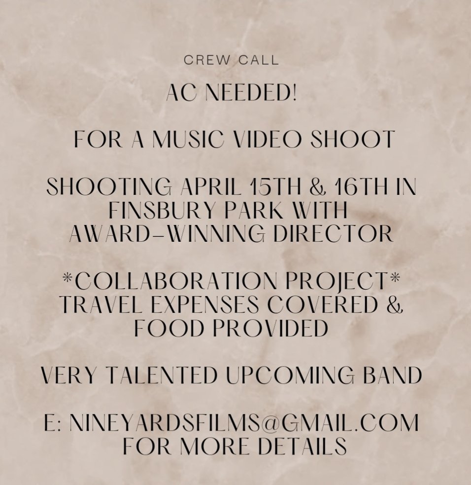 NineYardsFilms's tweet image. AC/FOCUS PULLER NEEDED for an exciting collaborative MUSIC VIDEO shoot this weekend Sat 15th and Sun 16th APRIL. Indoors. Atomic Blonde meets Joker visual inspo. Experience, award-winning team. Very talented upcoming rock band and awesome track. EMAIL BELOW for deets #CREWCALL