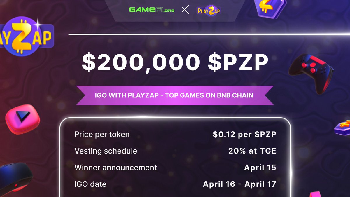 GAMEFI.ORG (@gamefi_official) on Twitter photo APPLY PLayZap Games $PZP IGO Worths $200,000 NOW!
<a href="/PlayZapGames/">PlayZap Games</a>
🔥 APPLY WHITELIST BELOW:
🟢 Staking pool: gamefi.org/igo/playzap-pu…
🟢 Community pool: gamefi.org/igo/playzap-co…
$GAFI
➡️ READ MORE: gamefi.org/insight/playza… APPLY PLayZap Games $PZP IGO Worths $200,000 NOW!
<a href="/PlayZapGames/">PlayZap Games</a>
🔥 APPLY WHITELIST BELOW:
🟢 Staking pool: gamefi.org/igo/playzap-pu…
🟢 Community pool: gamefi.org/igo/playzap-co…
$GAFI
➡️ READ MORE: gamefi.org/insight/playza…