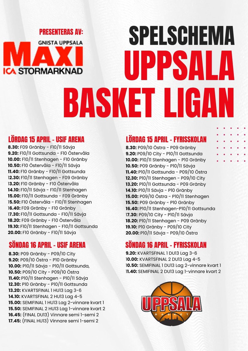 🔥 UBL-FINALERNA PRESENTERAS AV ICA MAXI GNISTA 🔥

Helgen 15-16 april är det äntligen dags för finalspel i nya Uppsala Basket Ligan (UBL). 
Det är vår första upplaga av vår egen serie där över 200 spelare från klubben möts – i en och samma årskull (HU13 och DU13).