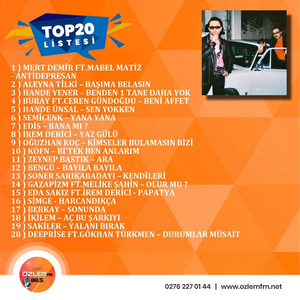 Uşak Özlem FM (@usakozlemfm) on Twitter photo Özlem FM Top 20 Haftanın Zirvesi <a href="/thisismertdemir/">Mert Demir</a> Ft. <a href="/mabelmatiz/">Mabel Matiz</a> - ANTİDEPRESAN 👏
#aleynatilki #handeyener #buray #handeünsal #semicenk #edis #iremderici #oğuzhankoç #köfn #zeynepbastık #bengü #melikeşahin #edasakız #simgesagin #berkay #ikilem #sakiler #gökhantürkmen Özlem FM Top 20 Haftanın Zirvesi <a href="/thisismertdemir/">Mert Demir</a> Ft. <a href="/mabelmatiz/">Mabel Matiz</a> - ANTİDEPRESAN 👏
#aleynatilki #handeyener #buray #handeünsal #semicenk #edis #iremderici #oğuzhankoç #köfn #zeynepbastık #bengü #melikeşahin #edasakız #simgesagin #berkay #ikilem #sakiler #gökhantürkmen