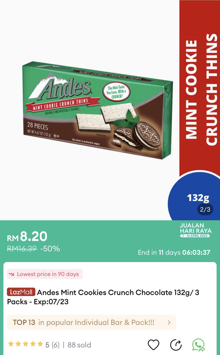 Andes mint chocolate hanya RM8.20 je kat lazada!! Sbb expiry on July 

Untung gila! Jom beli utk raya 🤤🤤

Link : invol.co/clhxhs6

#goondushare