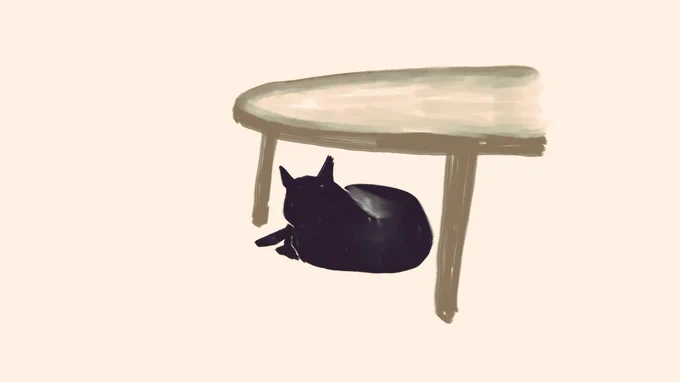 テーブルの下で寝てるうちの猫の落描き 