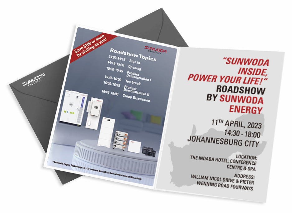 Sunwoda Energy Technology (@sunwodae) on Twitter photo Sunwoda Energy Worldwide Roadshow is coming!
The first stop will be at Johannesburg, South Africa!
A $100 coupon is prepared for the participants!
For more information, please contact our colleague:
Ms. Wenwen He
Email: hewenwen@sunwoda.com
#newenergy Sunwoda Energy Worldwide Roadshow is coming!
The first stop will be at Johannesburg, South Africa!
A $100 coupon is prepared for the participants!
For more information, please contact our colleague:
Ms. Wenwen He
Email: hewenwen@sunwoda.com
#newenergy