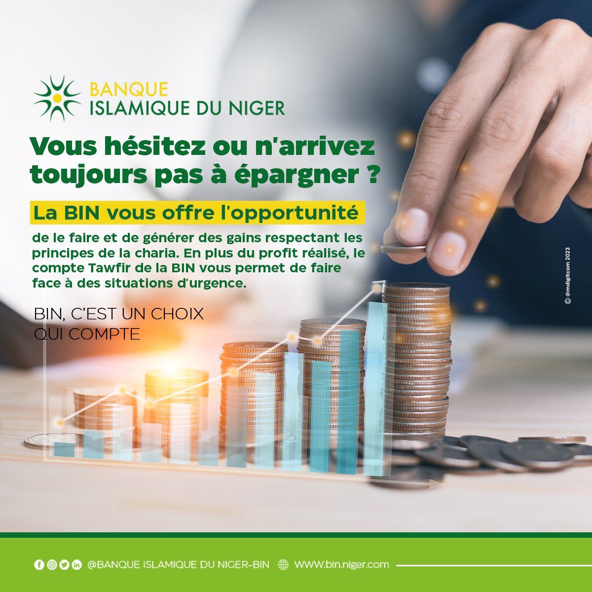 Vous hésitez ou n'arrivez toujours pas à épargner ? 

La BIN vous offre l'opportunité de le faire et de générer des gains respectant les principes de la charia. En plus du profit réalisé, le compte Tawfir de la BIN vous permet de faire face à des situations d'urgence.