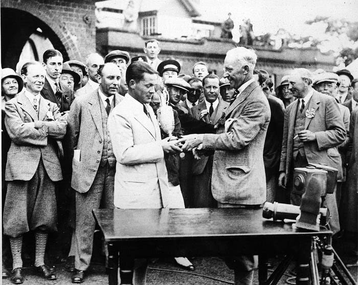 We are 96 days away from golf’s original championship. I look forward to the most significant major being played at the legendary @hoylake. Below is Bobby Jones receiving the claret jug in 1930 at #RoyalLiverpool. He would complete the #GrandSlam that year. #golf #history