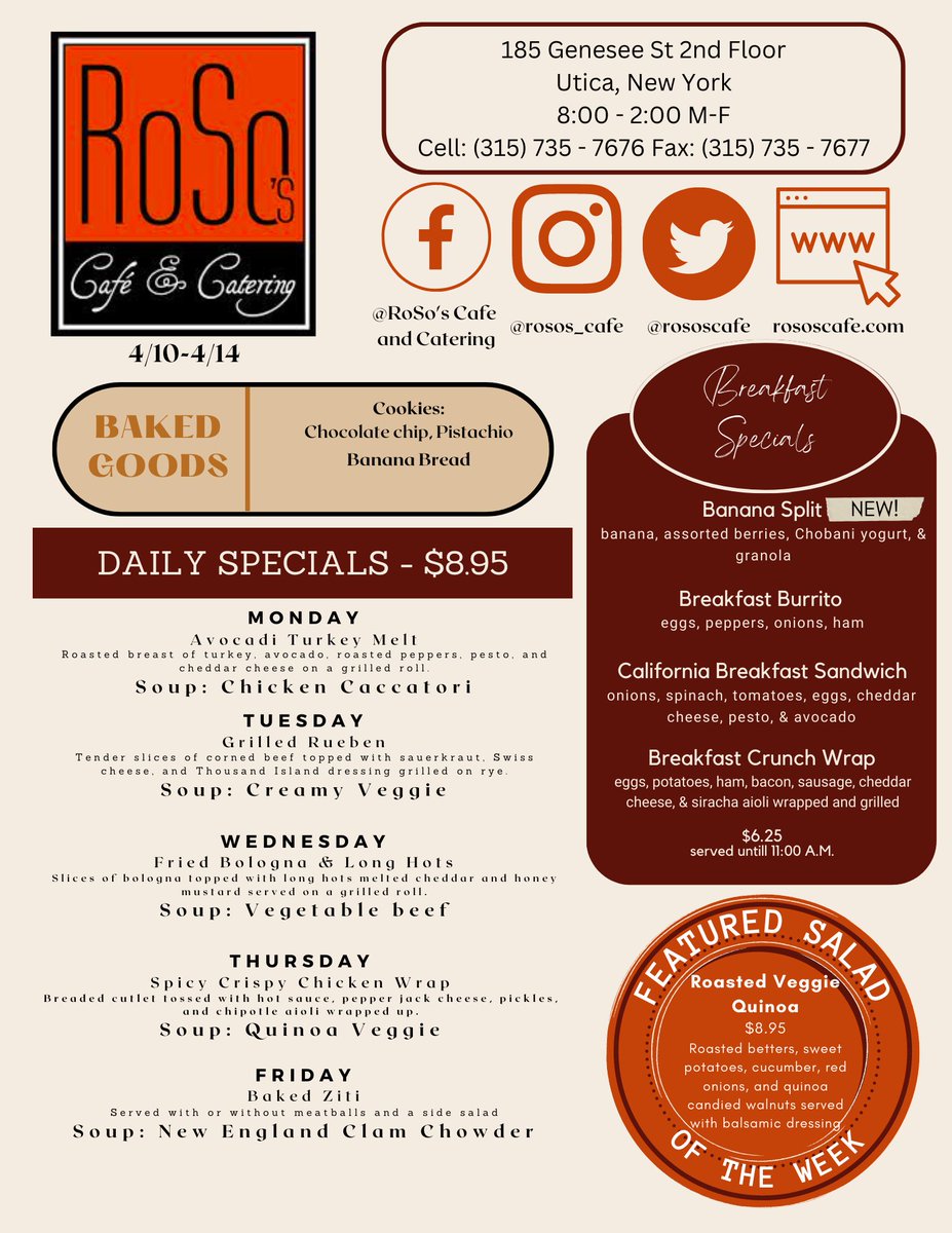 rososcafe's tweet photo. Good Monday morning…stop by at RoSo’s Cafe and enjoy one of our delicious specials or order off our menu!
#rososcafe #breakfast #lunch #catering #soups #salads #sandwiches #downtownutica https://t.co/Wbenr6FnS1