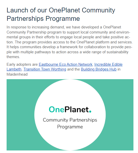 We're now part of the burgeoning @OnePlanet Community Partnerships Programme. So we're having fun sharing learnings & innovative ideas with other community & eco groups within the UK. We hope this will greatly facilitate the #Eastbourne #CarbonNeutral 2030 campaign. #ECN2030