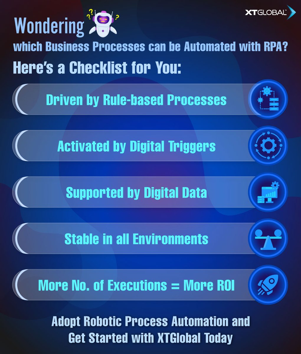 XTGlobal's tweet photo. Check out our handy #Checklist and let #RPA take the wheel. Put an end to manual drudgery with XTGlobal #RoboticProcessAutomation Solution: https://t.co/c4oAzUsCV1
#EfficiencyBoost #WorkSmart #BusinessProcessOptimization #SoftwareRobots #BusinessSolutions #AutomationTools https://t.co/zvyGPL0tCg