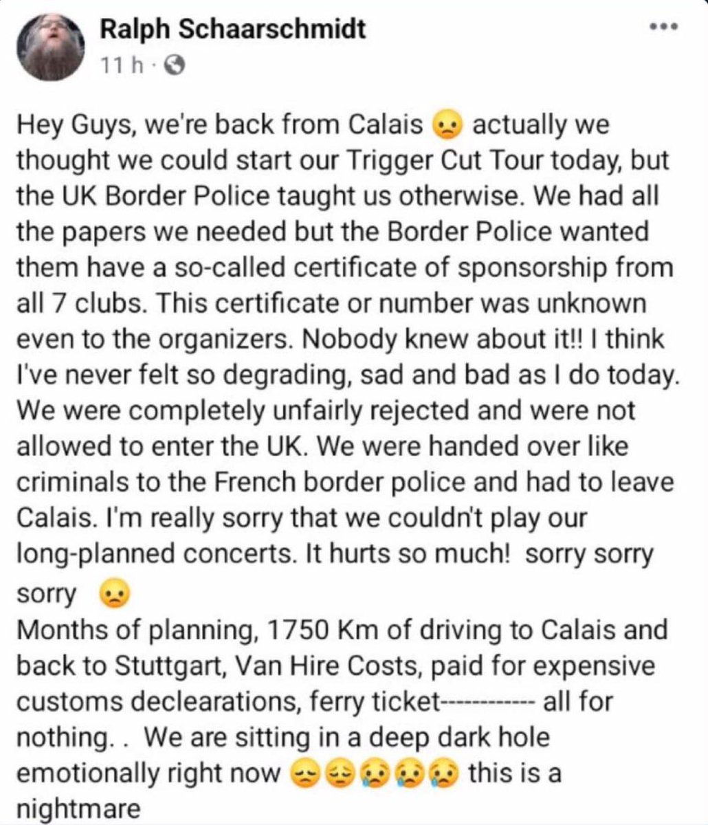 vanmaneuro's tweet photo. A German band attempting to enter the U.K. and refused entry . What a fantastic welcoming island we’ve become . #brexshit https://t.co/Rn0aFlCqZO