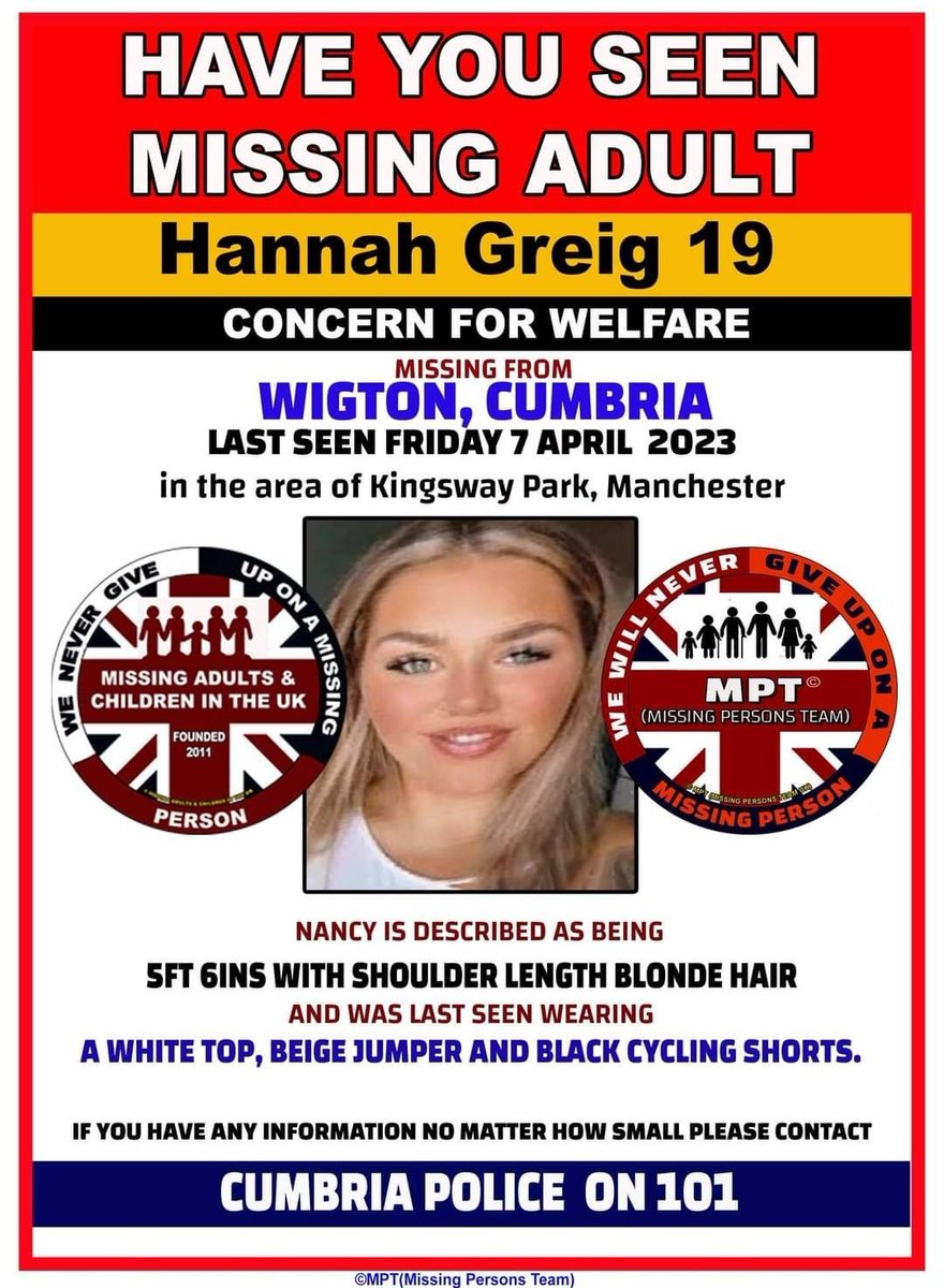 Wayne57072607's tweet photo. Hannah Greig 19, WIGTON, CUMBRIA 
LAST SEEN FRIDAY 7 APRIL  2023
in the area of Kingsway Park, Manchester https://t.co/3HIr1YwyIM