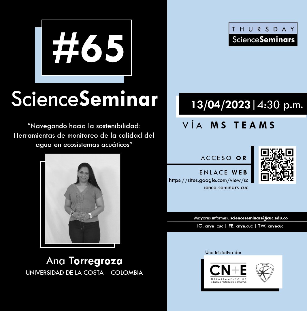 cnyecuc's tweet photo. El #ThursdayScienceSeminar número 65 será con nuestra profesora Ana Carolina Torregroza, doctora en Ciencias del Mar y parte de nuestro equipo departamental.
Visita el enlace en nuestra bio (o escanea el QR) para registrarte al evento.
¡Te esperamos! https://t.co/bjD7aEmDWr