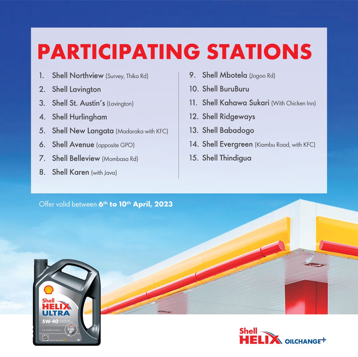 kog_mark's tweet image. Last! Last!⏳⌚
Last day to enjoy a FREE 10 point check on your car and KES 500 voucher to use at a Shell Select shop. 🔥

Head to one of these participating stations today. #ShellHelix #ShellHelixOilChange