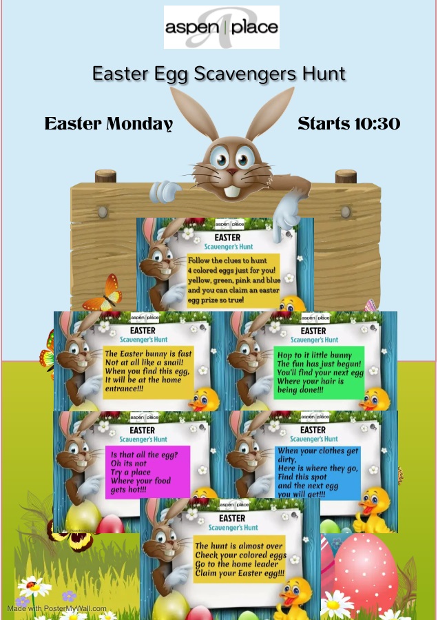 AspenPlaceCare's tweet photo. Happening now... Let's follow the trail and solve the riddles to hunt the eggs. 🥰 https://t.co/oFJ12FNLrV