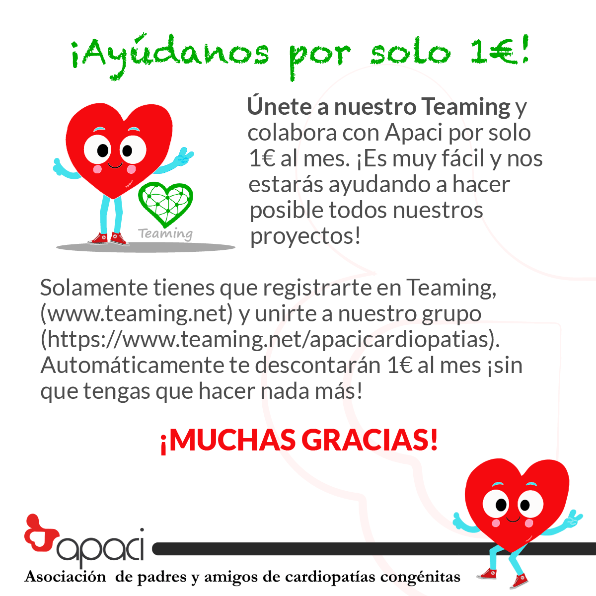 APACIcardio's tweet photo. ¡Hola familias! Somos 17 teamers que, con 1€ al mes, colaboramos con APACI para que nuestros proyectos sigan adelante. ¡Es muy fácil! Solamente os tenéis que registrar en https://t.co/X7KojanUyo y uniros a nuestro grupo: https://t.co/Vj1JF3H0Mz ¡Y listo!
¡MUCHAS GRACIAS!❤️ https://t.co/8qP1faLzds