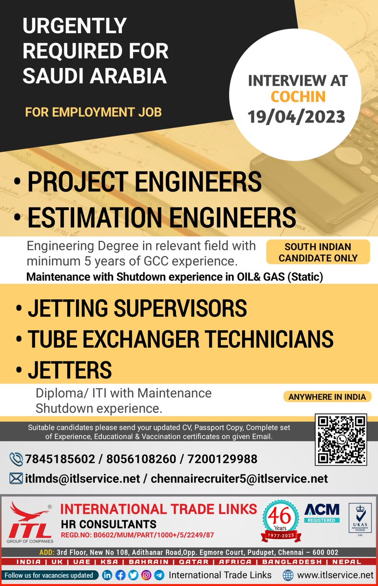 ItlJobs's tweet image. JOB VACANCY FOR #saudiarabia

Interested candidates, please send your updated CV on given emails

Learn more :
itlservice.net

#projectenginner #estimationengineer #jetting #supervisor #exchanger #maintanance #shutdownjobs #jetter #static #cochin #oilandgas