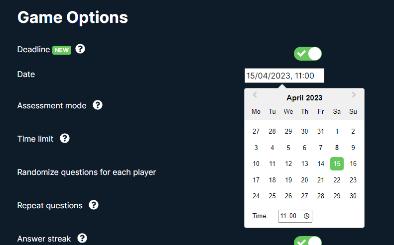 🚀 New QuizWhizzer Pro feature: Homework Deadlines! 📅 

Set deadlines for games-as-homework, auto-stop, and get email notifications with results. 

Easier deadline management awaits! 💡