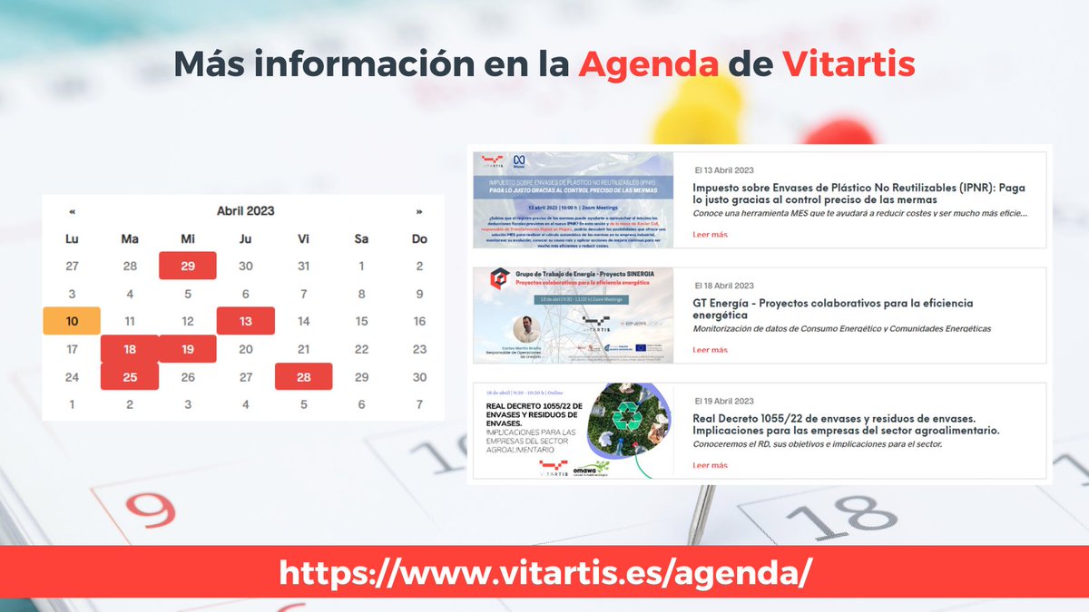 Vitartis's tweet image. 🔜 Este abril viene cargado de actividades para los #sociosVitartis
🔹 Control de mermas @MapexSoftware 
🔹 Proyectos eficiencia energética @Enerjoin 
🔹 RD 1055/22 de envases @Omawa_HE 

📅 Si no quieres perderte nada, permanece atento a nuestra agenda: vitartis.es/agenda/