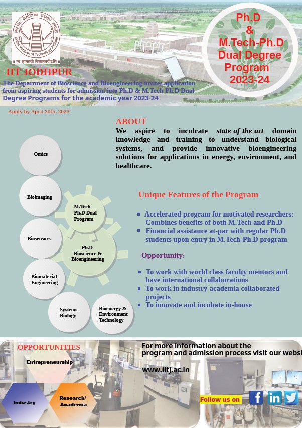 bsbe_iitj's tweet image. Admissions are open for our M.Tech., M.Tech-Ph.D. Dual degree and Ph.D. programs. Exciting research areas and a stimulating Academic & Research ecosystem @bsbe_iitj Apply now !