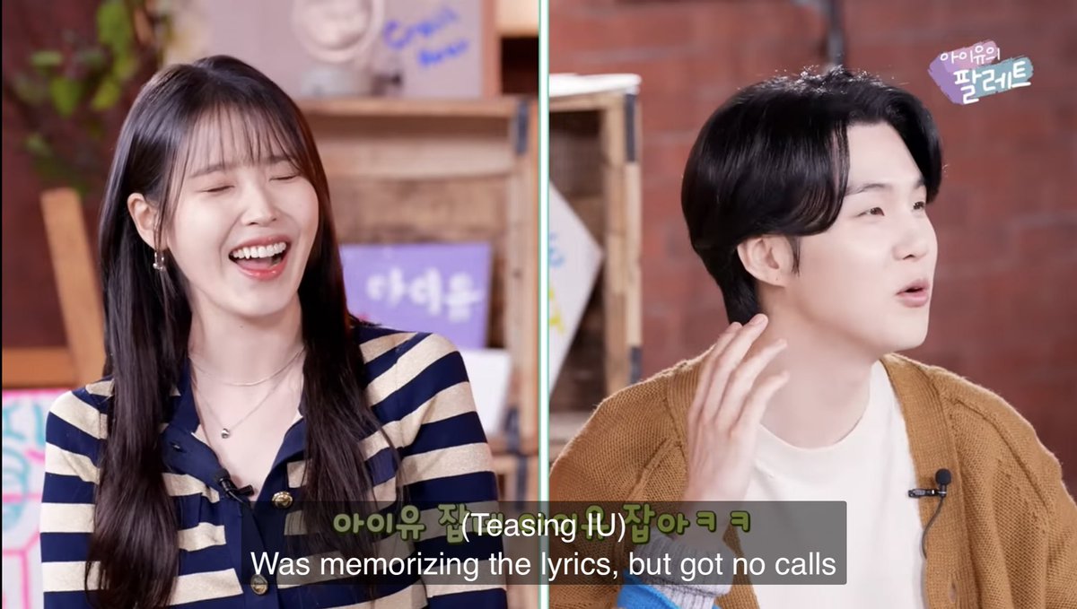 KODQ000's tweet photo. This whole episode was them teasing each other and it was fun to see iu getting flustered cuz mostly it's she who make others flustered 😭😭😭it's almost impossible to make jieun speechless well done suga👏 https://t.co/4a3kAWAkuP