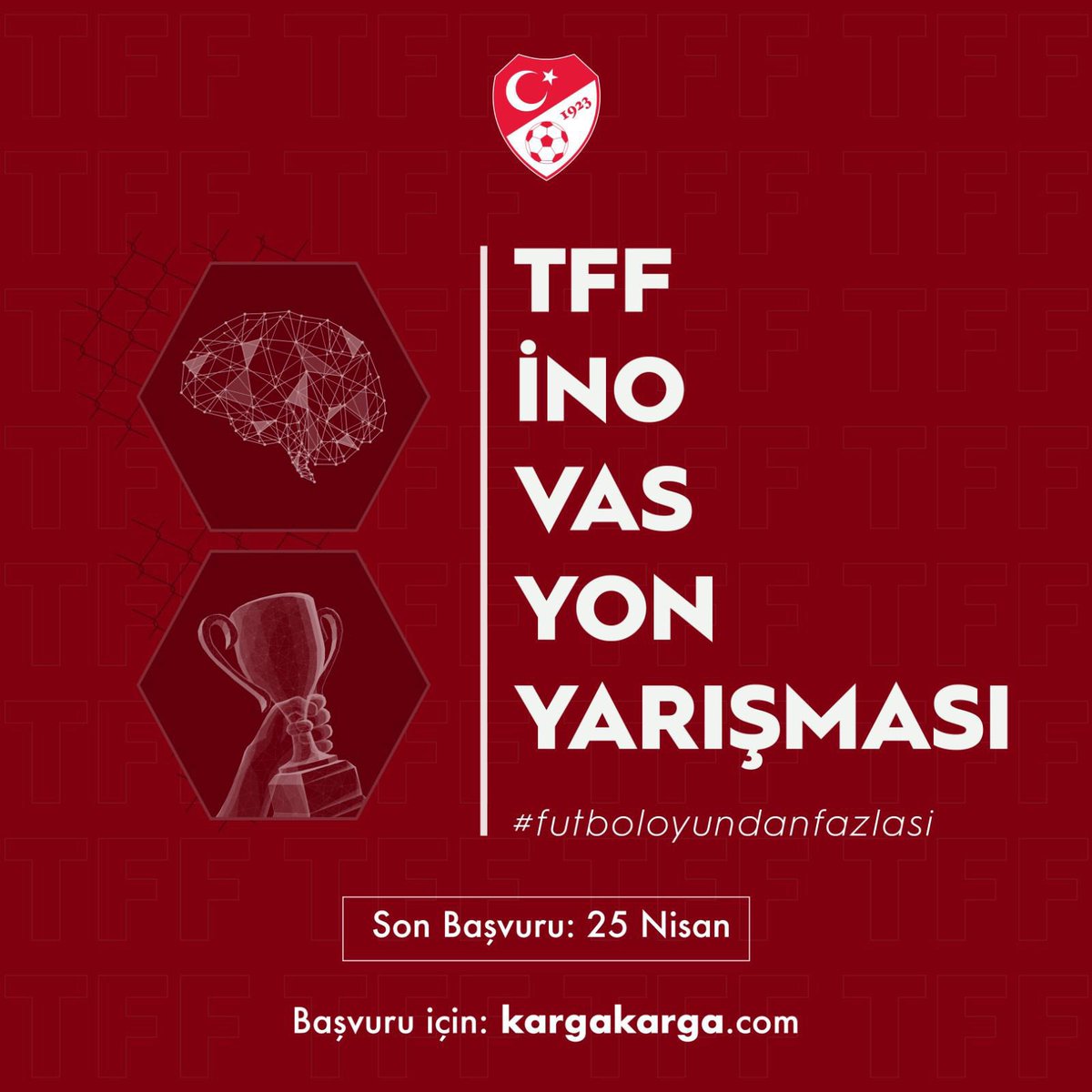 TFF_Org's tweet photo. Türkiye’nin futbol ekosistemine yenilikçi projeler geliştirmek ister misin? 

TFF İnovasyon Yarışması tam sana göre! 🚀 Şehir taraftarlığı ve futbol takımlarının verimliliği kategorilerinde proje geliştirmek için tüm gençleri bu yarışmaya bekliyoruz. 

Proje üretmek istediğin kategoriyi seçerek ister en fazla 5 kişiden oluşacak takımını kendin oluştur istersen de 3 kişilik takımını özgelecek algoritması senin için otomatik oluştursun.

1 aylık çevrimiçi proje geliştirme süreci ile seçtiğin kategoride proje fikrinizi Ön İnceleme Raporu taslağına aktararak 36 saat sürecek fiziksel hackathona projenle katılma şansını yakalayabilirsin.

Yarışmanın kazananları;

🥇Şampiyonlar Ligi Finali Bileti
🥈Millî Takım Galler Maçı VIP Bileti
🥉Millî Takım Letonya Maçı VIP Bileti

Ödüllerinden birinin sahibi olma şansını kaçırma! 

Başvuru için https://t.co/gj500QmKnJ’u ziyaret edebilirsiniz.