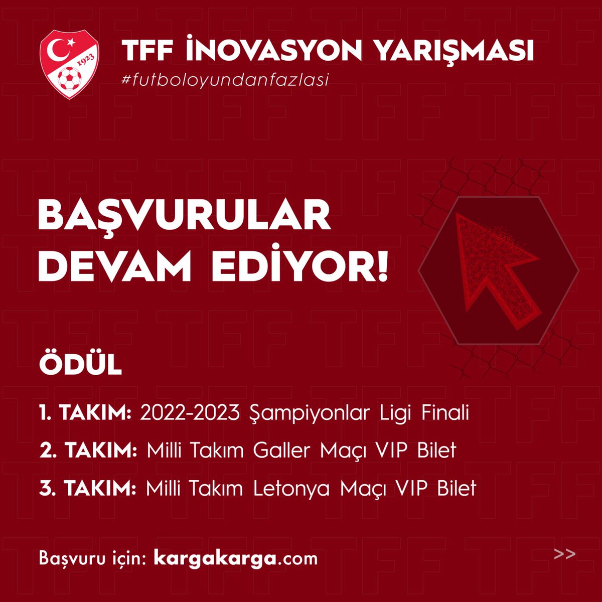 TFF_Org's tweet photo. Türkiye’nin futbol ekosistemine yenilikçi projeler geliştirmek ister misin? 

TFF İnovasyon Yarışması tam sana göre! 🚀 Şehir taraftarlığı ve futbol takımlarının verimliliği kategorilerinde proje geliştirmek için tüm gençleri bu yarışmaya bekliyoruz. 

Proje üretmek istediğin kategoriyi seçerek ister en fazla 5 kişiden oluşacak takımını kendin oluştur istersen de 3 kişilik takımını özgelecek algoritması senin için otomatik oluştursun.

1 aylık çevrimiçi proje geliştirme süreci ile seçtiğin kategoride proje fikrinizi Ön İnceleme Raporu taslağına aktararak 36 saat sürecek fiziksel hackathona projenle katılma şansını yakalayabilirsin.

Yarışmanın kazananları;

🥇Şampiyonlar Ligi Finali Bileti
🥈Millî Takım Galler Maçı VIP Bileti
🥉Millî Takım Letonya Maçı VIP Bileti

Ödüllerinden birinin sahibi olma şansını kaçırma! 

Başvuru için https://t.co/gj500QmKnJ’u ziyaret edebilirsiniz.