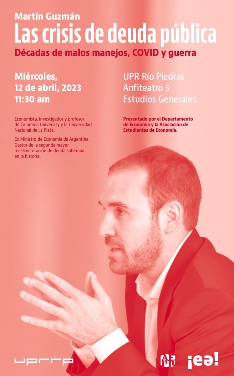 La <a href="/AEUPRRP/">AERP</a>, los Departamentos de Economía de la <a href="/UPR_Oficial/">Universidad de Puerto Rico - UPR</a>, <a href="/EApuertorico/">Espacios Abiertos</a> y <a href="/Economistas_PR/">Asociación de Economistas de Puerto Rico</a> les invita a los Foros: "Las crisis de deuda pública: Décadas de malos manejos, COVID y guerra".