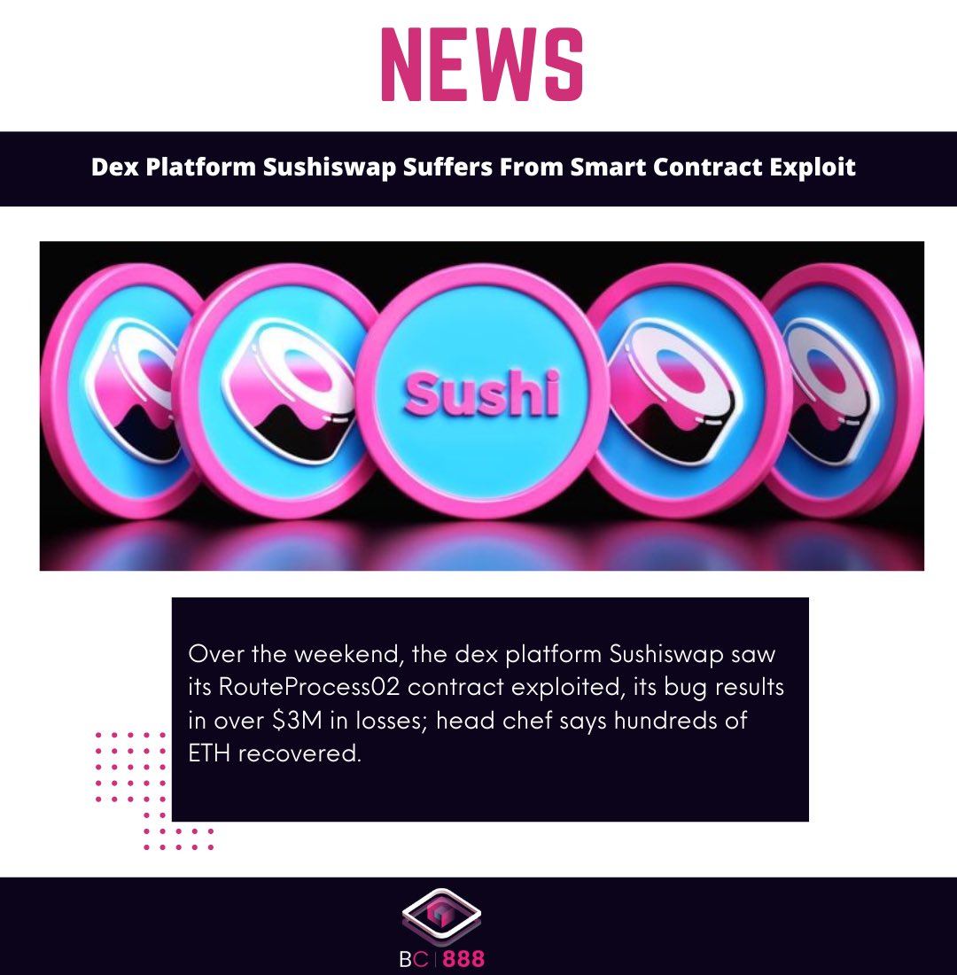 Blockchain888_'s tweet photo. Dex Platform Sushiswap Suffers From Smart Contract Exploit
#Crypto #Dex #LatestNews #ETH #smartcontract #exploit #Sushiswap https://t.co/2qb3wkiklJ