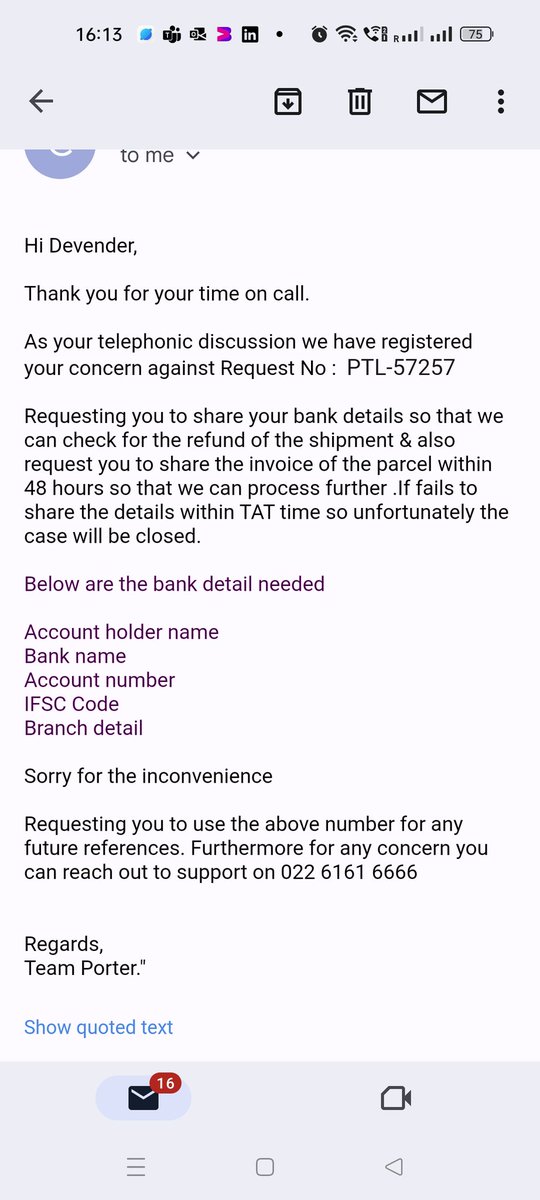 devende40971791's tweet photo. @Pranavgoel_29 @porterit_ @jagograhakjago @XpressBees_IN below is what reply I got, why so hurry to close the case, why you guys took more than 15 days, I want my package back, or I have to go to cyber crime department.@BlrCityPolice this is a fraud @porterit_ did with me https://t.co/HTFlJmTRaj