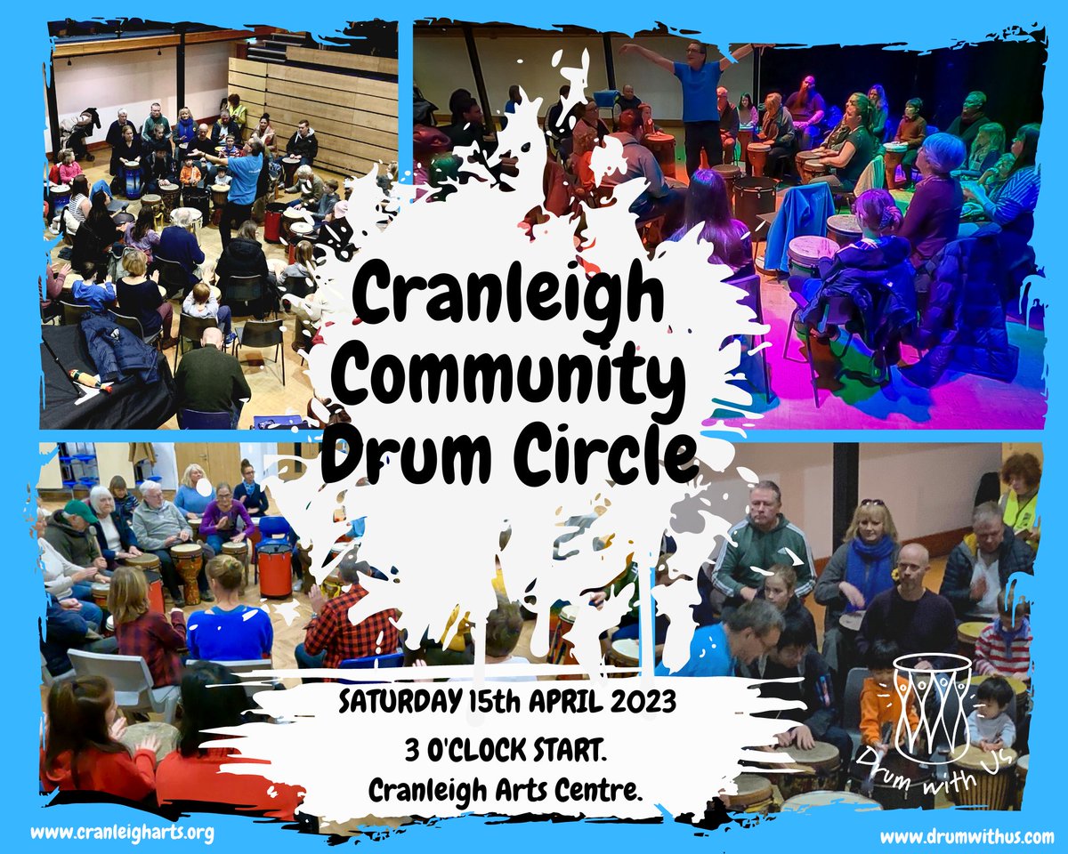 raydrumwithus's tweet photo. Community Drum Circle at Cranleigh Arts Centre this Saturday 15th April. Starts at 3, all drums and percussion provided. £5 per ticket, family ticket £15 ( For a family of 4 ). Tickets available direct from Cranleigh Arts. Come and join us, build community and make some music. https://t.co/Sg8RGtnZbV