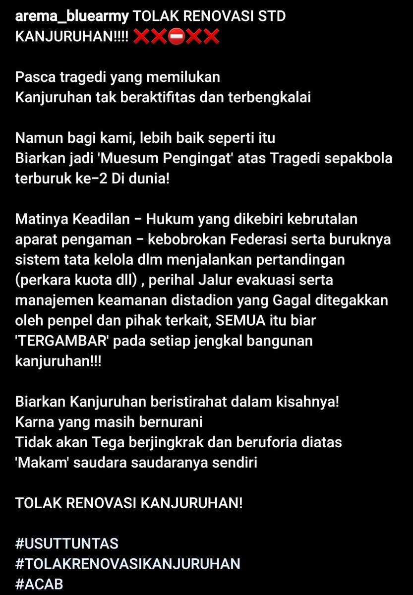 Aremania menolak rencana pemerintah yang ingin merenovasi stadion Kanjuruhan.. ❌