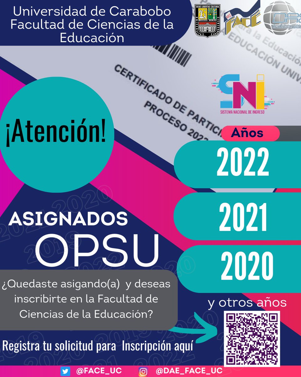 La <a href="/FaCE_UC/">FaCE-UC</a> a través de la <a href="/DAE_FaCE_UC/">DAE_FaCE_UC</a>, invita a todos los bachilleres pendientes por inscripción asignados OPSU 2019, 2020, 2021, 2022 y estén interesados en cursar estudios que tienen la oportunidad de ingresar al sem II-2022 . tinyurl.com/diferido