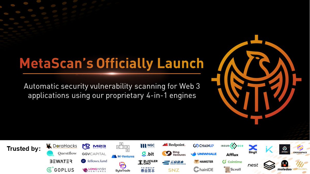MetaTrustLabs's tweet photo. Scan your smart contract now: https://t.co/QdSO3iEqKT
🚀 Web3 Security Tool #MetaScan will provide 3-month free trials to early bird users, offering continuous security protection for all web3 projects!

#TeamMetaTrust #web3 #Automatic #Cybersecurity https://t.co/FVcKSgM7my