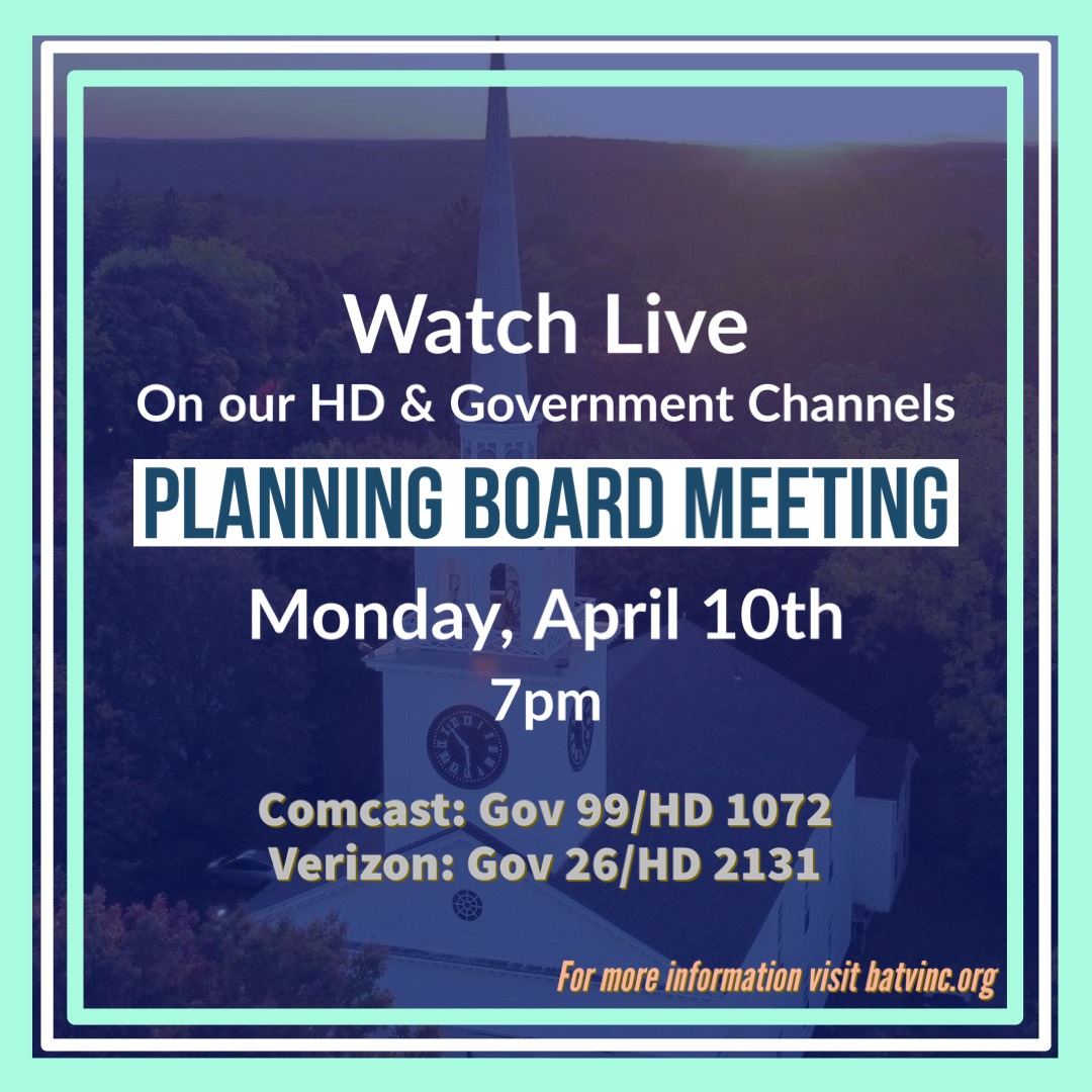 Tonight, Monday, April 6th, watch the Billerica Planning Board Meeting at 7 pm.
Available on our HD &amp; Government Channels.
Comcast: Gov 99/HD 1072
Verizon: Gov 26/HD 2131