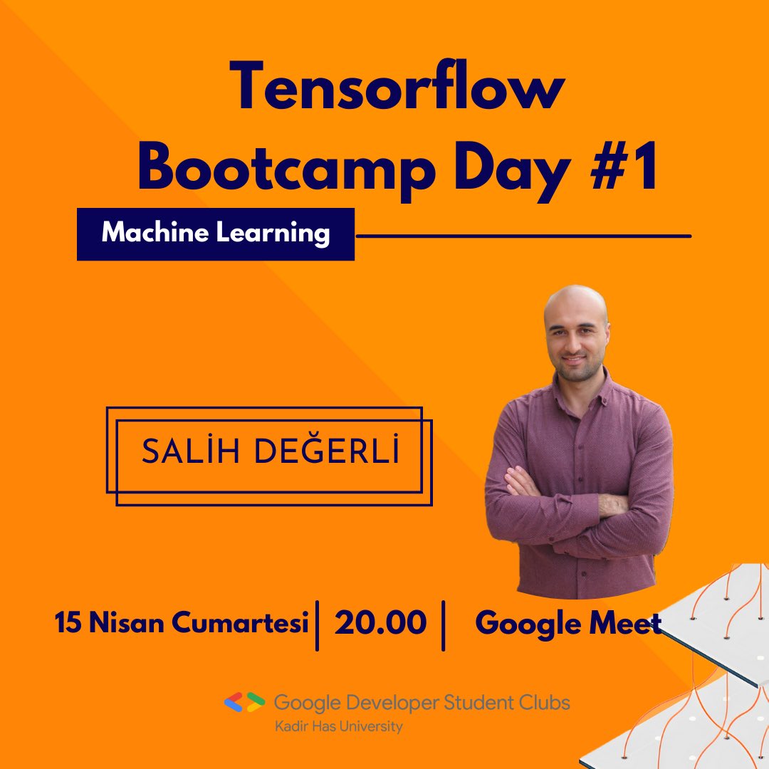 Tensorflow Bootcamp 15 Nisan Cumartesi günü 20.00’da Google Meet üzerinden Salih Değerli ile başlıyor. 

Salih Değerli machine learning engineer olarak çalışmaktadır. 

Katılım formunu doldurarak sizler de bu etkinlikteki yerinizi alabilirsiniz!
Form: forms.gle/1bkrYZRgPzEbYw…