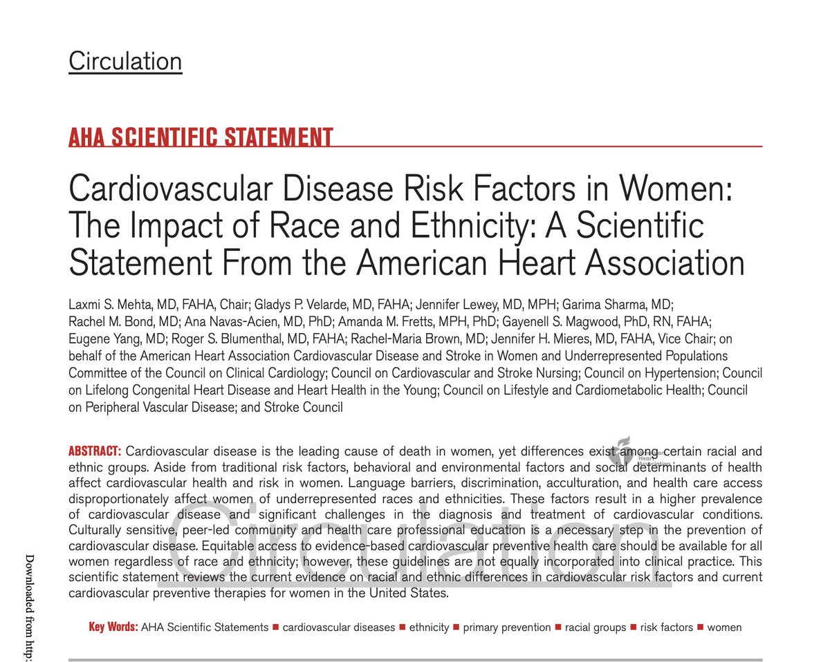 🔥@American_Heart Scientific Statement CVD Risk Factors in Women: Impact of Race & Ethnicity Huge thanks to coauthors @DrJMieres @ggvela @jennlewey @GarimaVSharmaMD @DrRachelMBond @anavasac @GayenellMagwood @DrEugeneYang @rblument1 @RMBTcardioMD Dr. Fretts bit.ly/3ZU4cTY