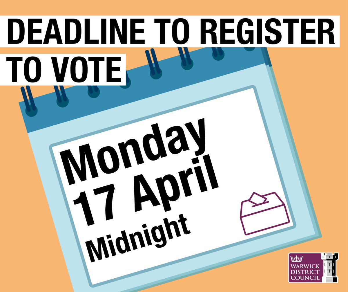 Warwick_DC's tweet photo. There's just one week left to register to vote in time for this year's local elections on Thursday 4 May.

The deadline is 11:59pm on Monday 17 April. It only takes 5 minutes and all you need is your National Insurance number.

https://t.co/01AO6uAYcp https://t.co/m2ZlRvXGLl