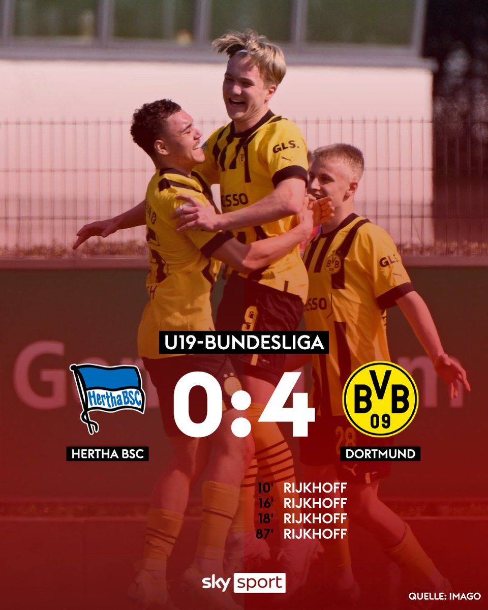 SkySportDE's tweet image. Viererpack! 🤯 Julian Rijkhoff überragt im Hinspiel des Halbfinals der U19-Bundesliga und schafft eine sehr gute Ausgangslage für den BVB. 🚀

#SkyBuli #BSCBVB